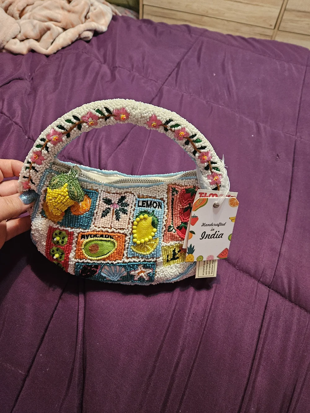 Beaded Fruit Patch Handbag - Colorful Lemon & Avocado Motif - Picture 1 of 3